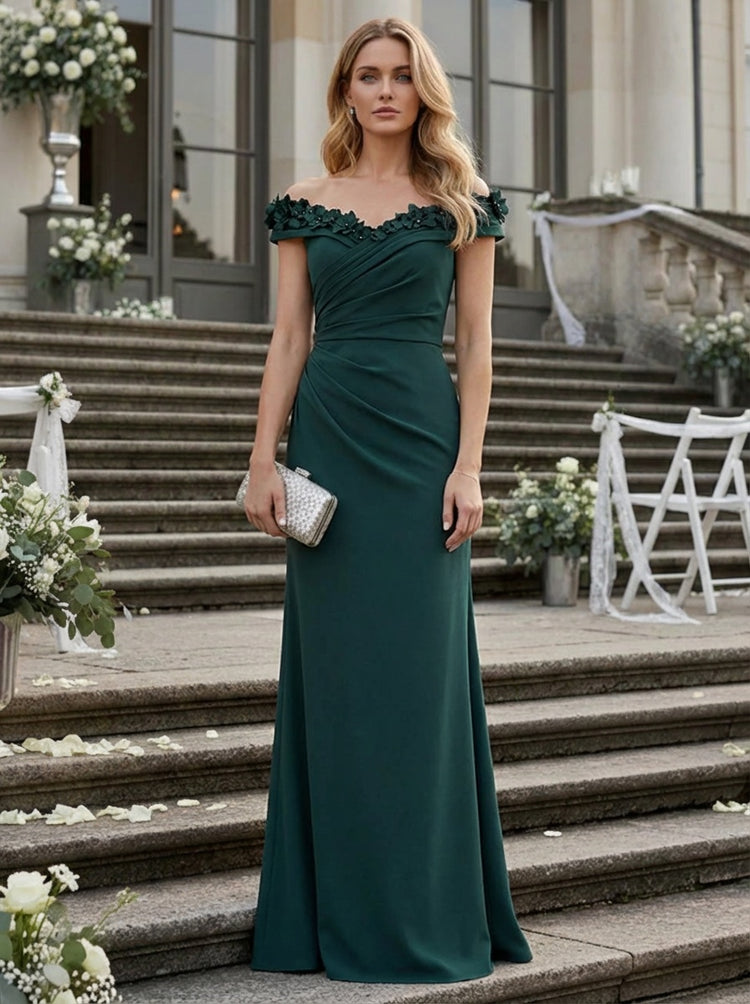 Satin Off Shoulder Long Ruched Evening Dresses with 3D Flowers