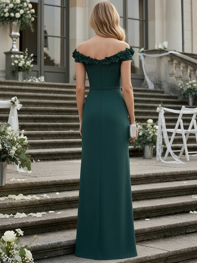 Satin Off Shoulder Long Ruched Evening Dresses with 3D Flowers