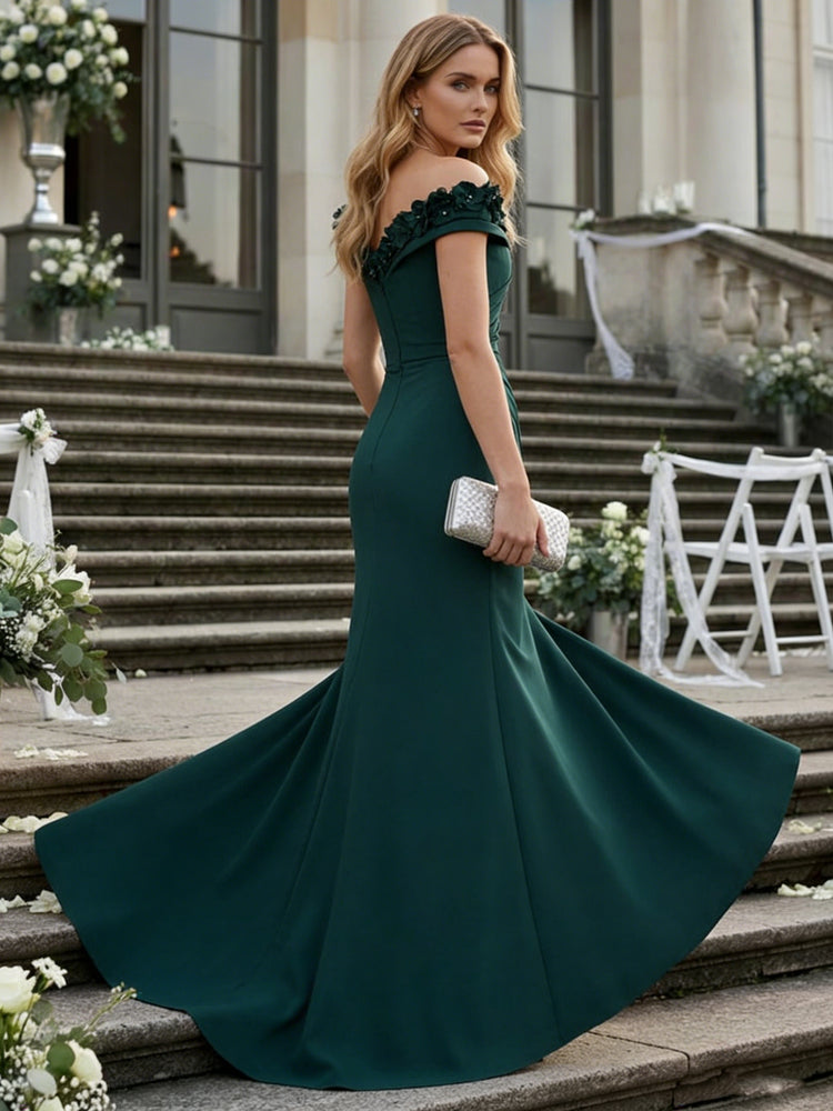 Satin Off Shoulder Long Ruched Evening Dresses with 3D Flowers