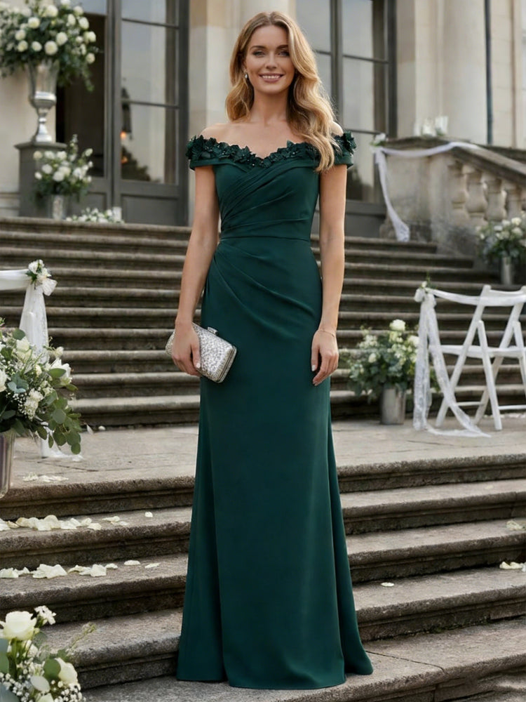 Satin Off Shoulder Long Ruched Evening Dresses with 3D Flowers