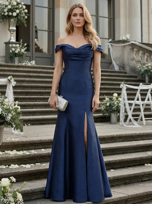 Satin Off Shoulder Ruched Evening Dresses with Slit