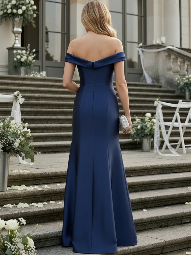 Satin Off Shoulder Ruched Evening Dresses with Slit