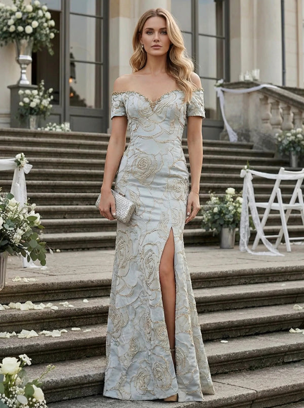 Floral Jacquard Off Shoulder Evening Dresses with Slit
