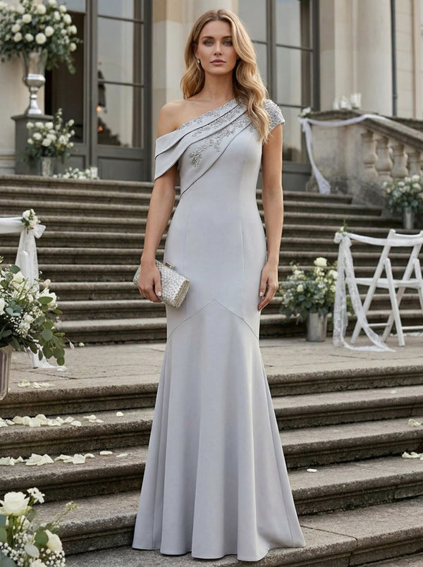 Satin One Shoulder Evening Dresses with Applique