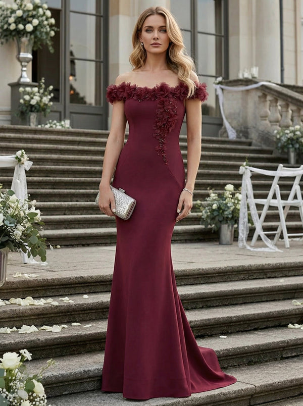 Satin Floral Off Shoulder Mermaid Evening Dresses with Beadings