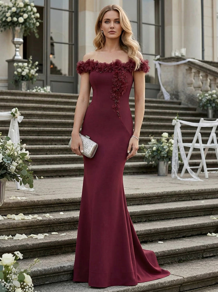 Satin Floral Off Shoulder Mermaid Evening Dresses with Beadings