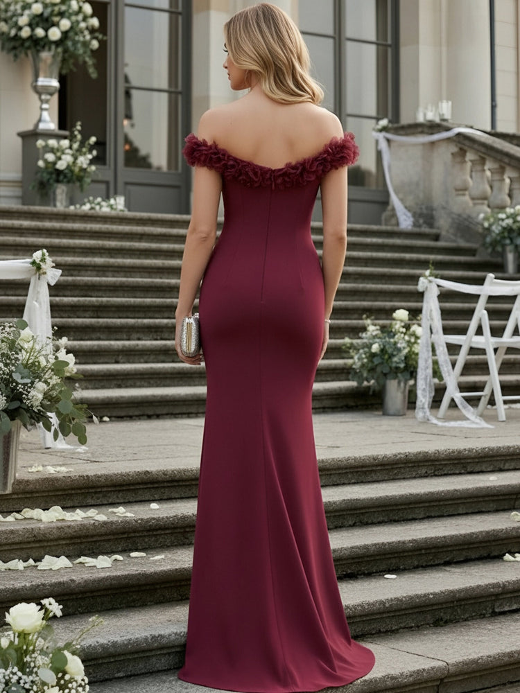Satin Floral Off Shoulder Mermaid Evening Dresses with Beadings