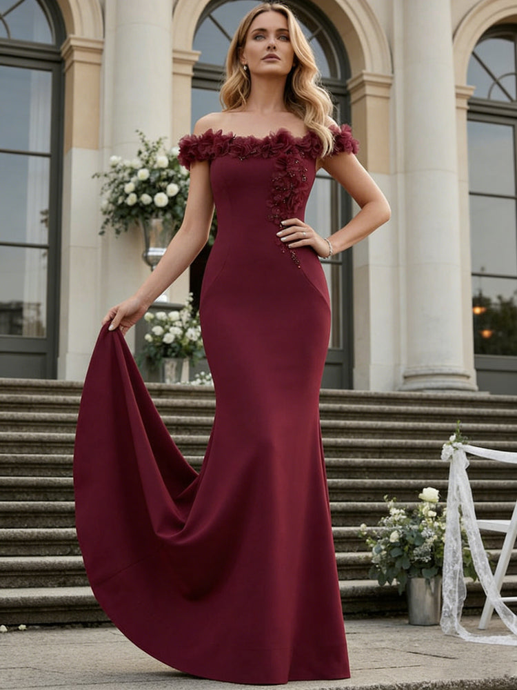 Satin Floral Off Shoulder Mermaid Evening Dresses with Beadings