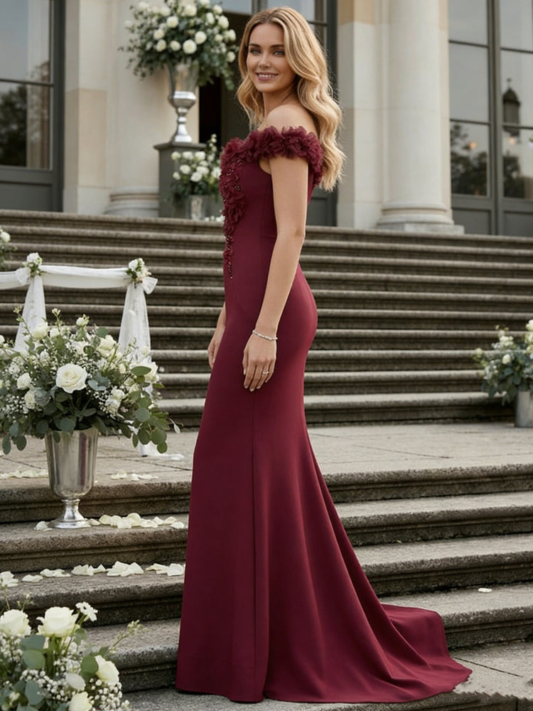 Satin Floral Off Shoulder Mermaid Evening Dresses with Beadings