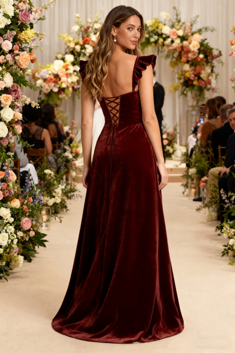 Velvet Ruffles Sweetheart Evening Party Dresses with Slit