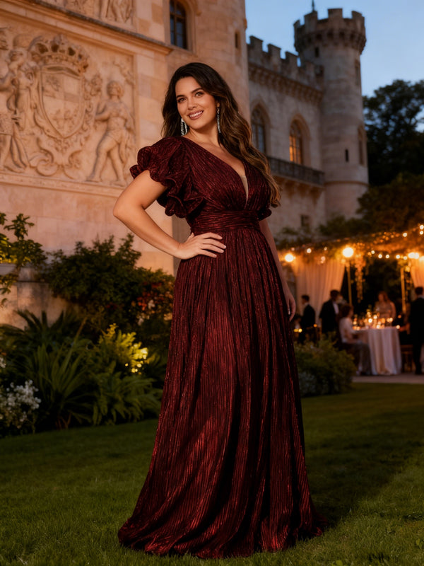 Shimmering Satin Ruffled Evening Dresses with Pleats