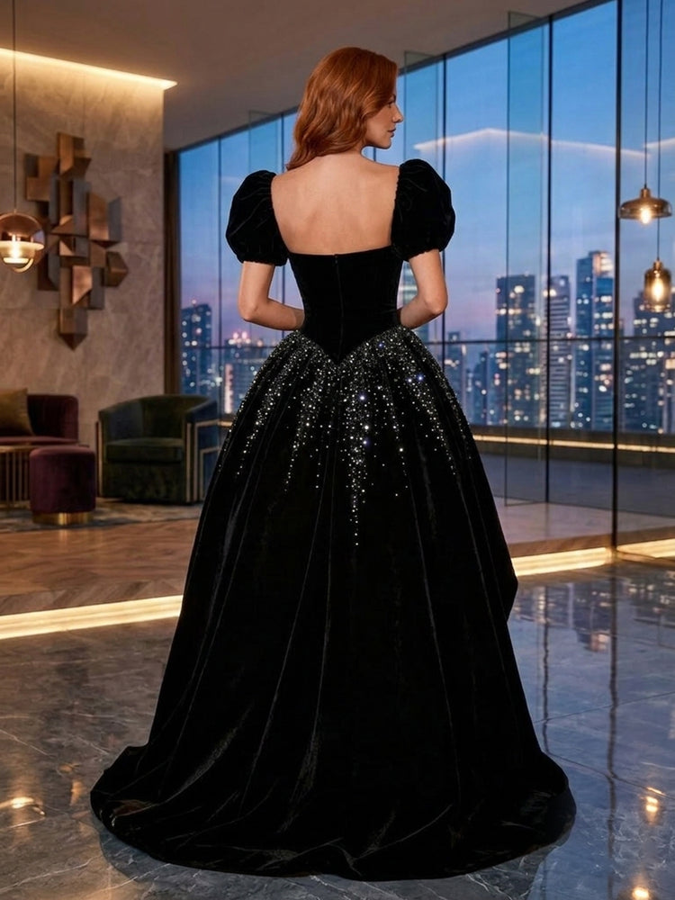 Rhinestone Velvet Strapless Corset Long Evening Dresses