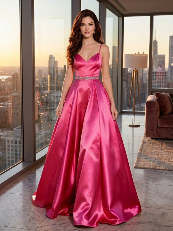 Satin Spaghetti Straps Evening Dresses with Rhinestone