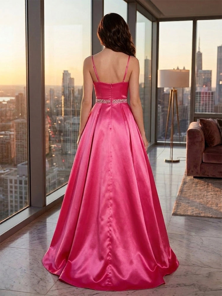 Satin Spaghetti Straps Evening Dresses with Rhinestone