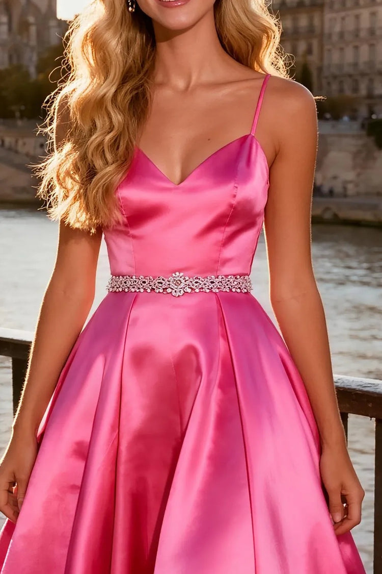 Satin Spaghetti Straps Evening Dresses with Rhinestone