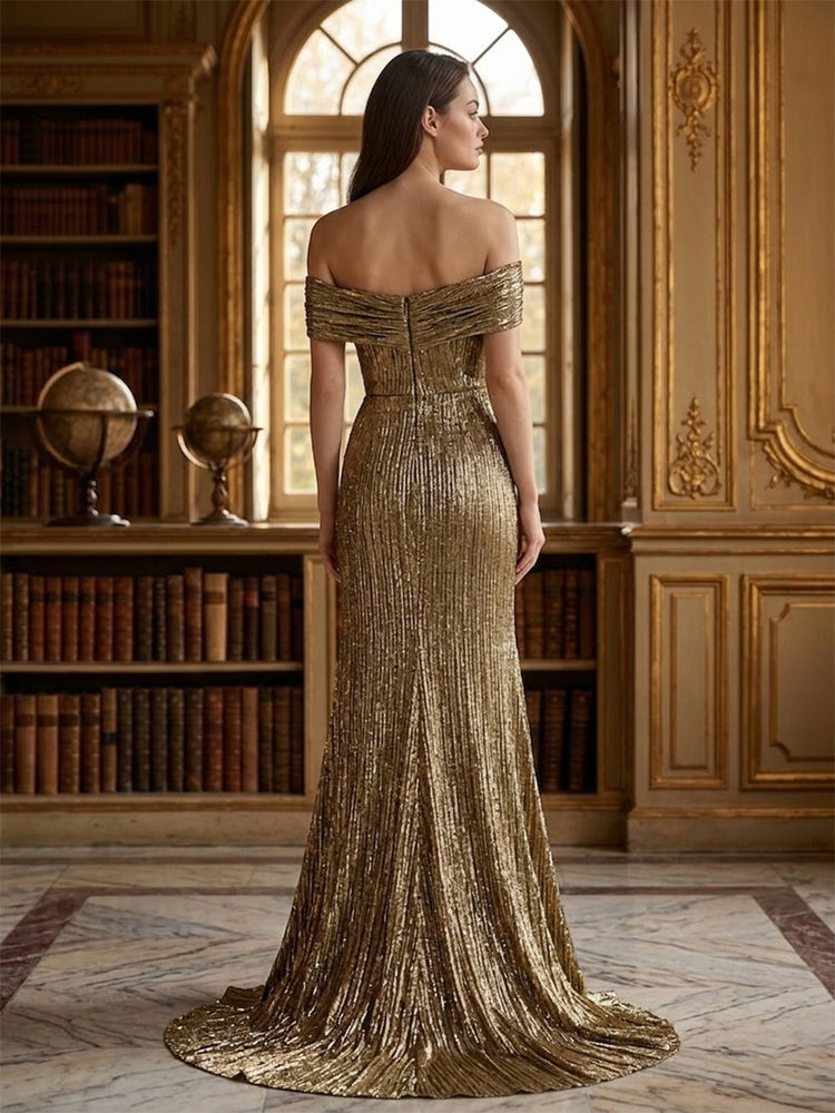 Shimmering Off the Shoulder Evening Dresses with Slit