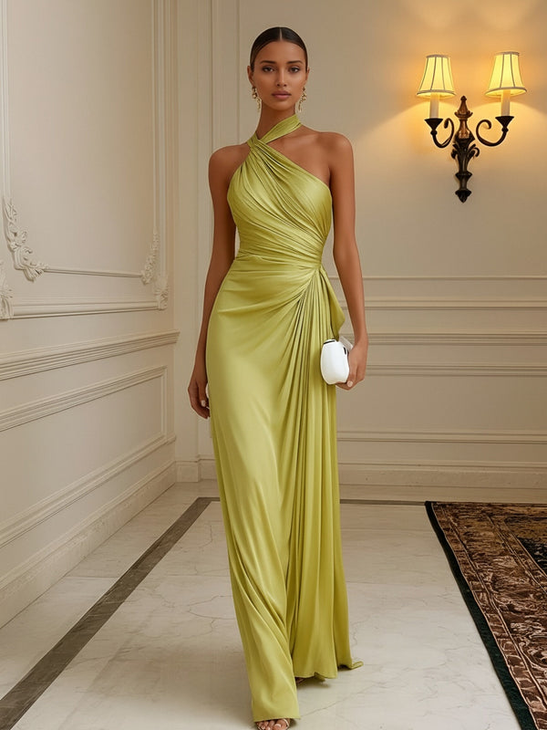 Luxury Draped Pleated Cross Halter Satin Evening Gown For Prom & Dinner Parties