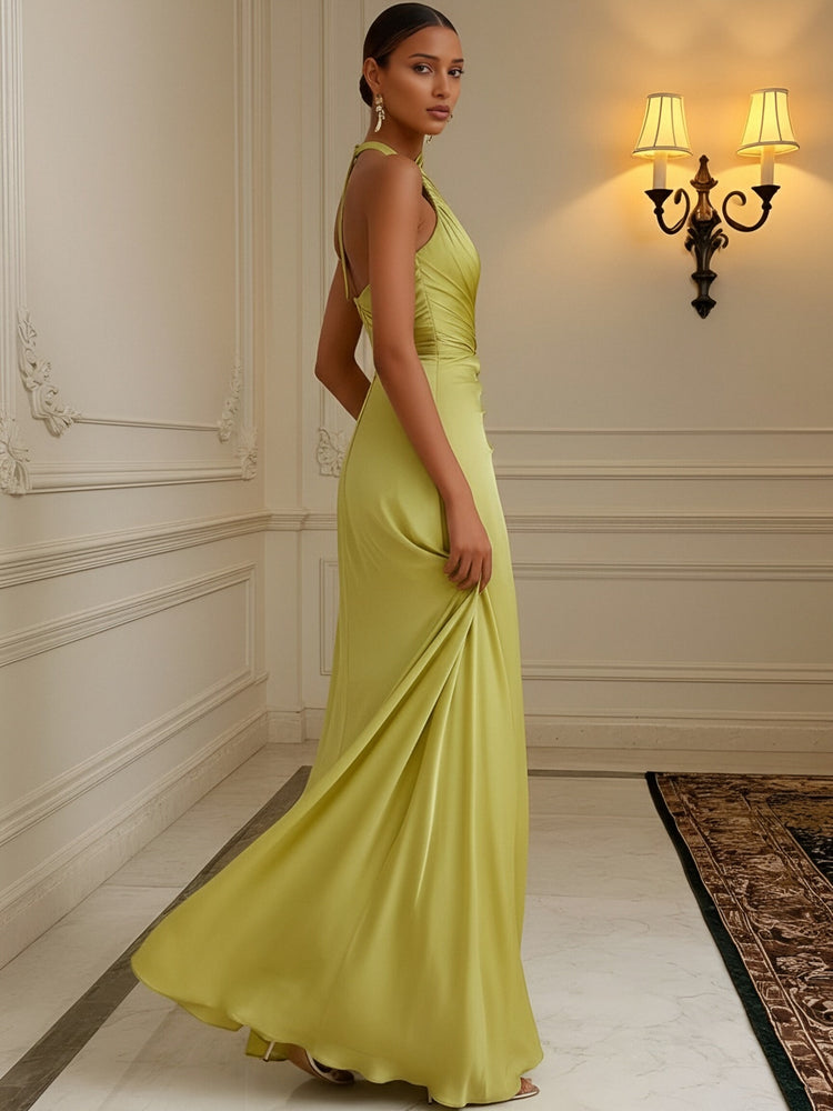 Luxury Draped Pleated Cross Halter Satin Evening Gown For Prom & Dinner Parties