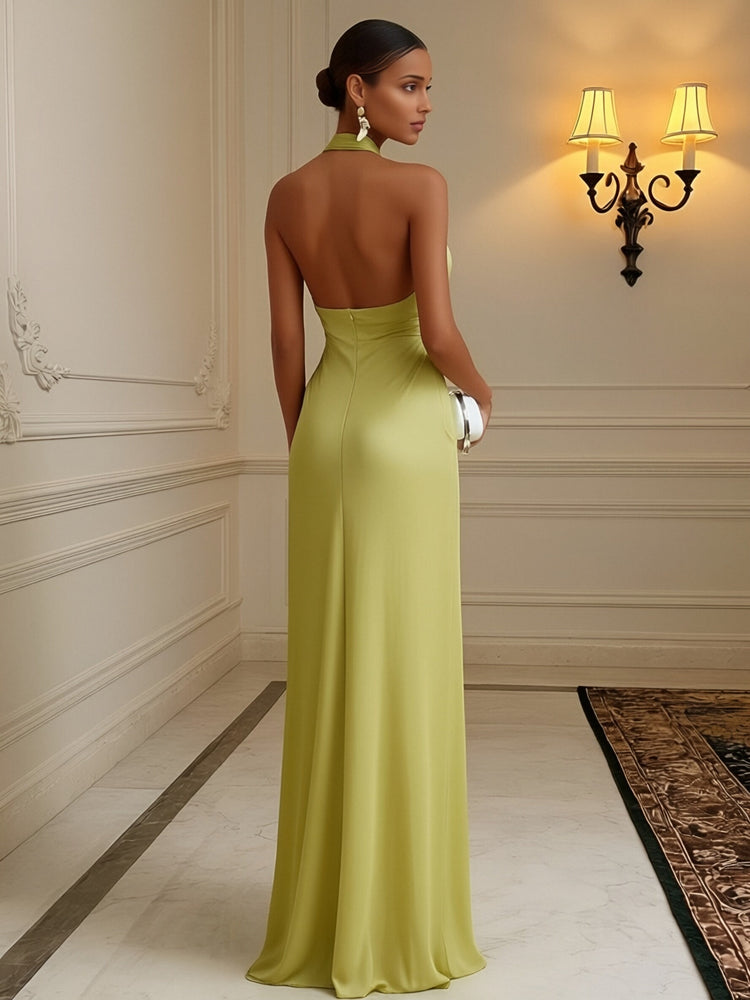 Luxury Draped Pleated Cross Halter Satin Evening Gown For Prom & Dinner Parties