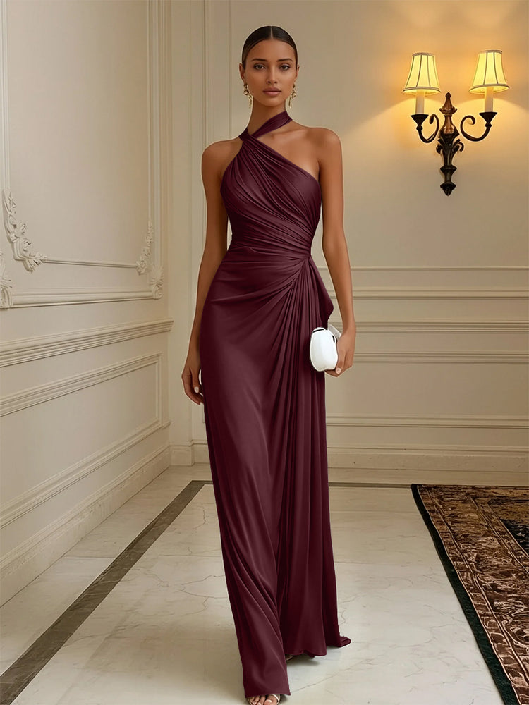 Luxury Draped Pleated Cross Halter Satin Evening Gown For Prom & Dinner Parties