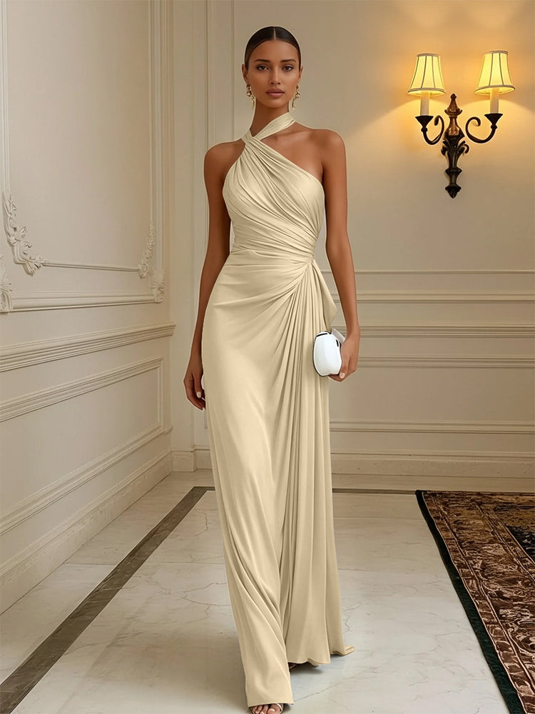 Luxury Draped Pleated Cross Halter Satin Evening Gown For Prom & Dinner Parties