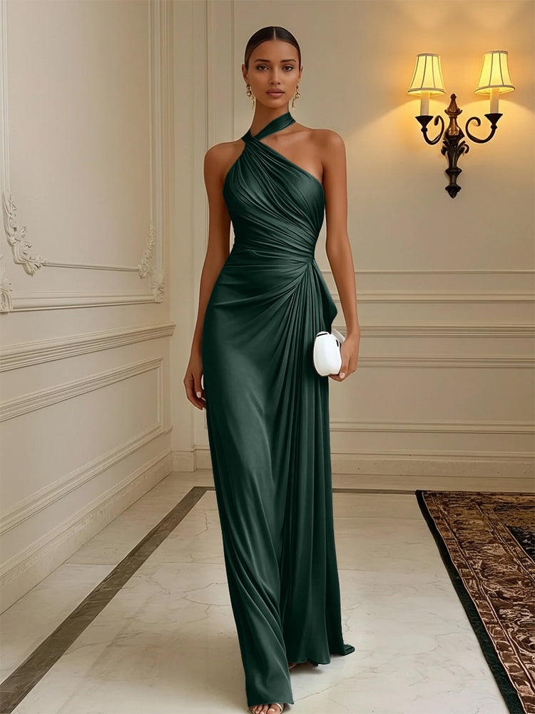 Luxury Draped Pleated Cross Halter Satin Evening Gown For Prom & Dinner Parties