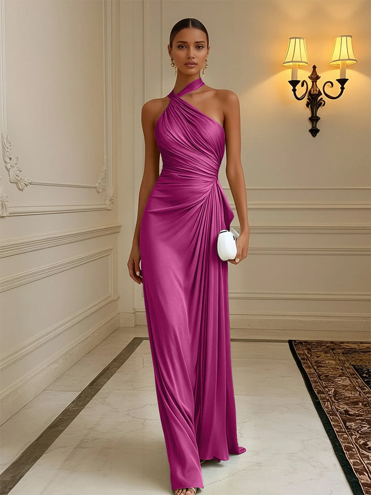 Luxury Draped Pleated Cross Halter Satin Evening Gown For Prom & Dinner Parties