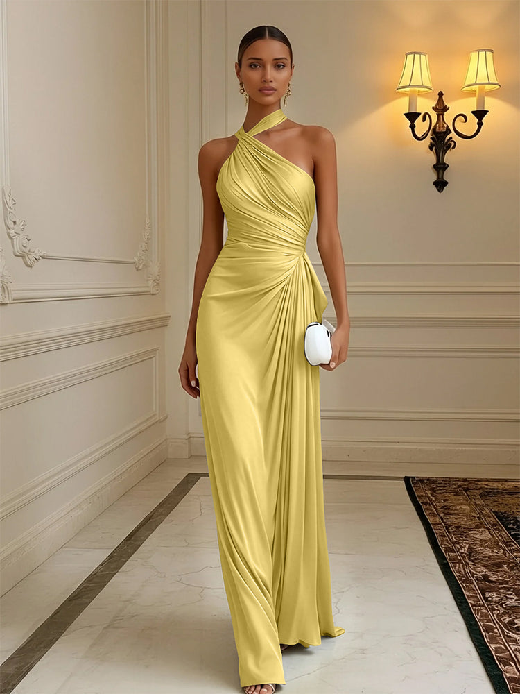 Luxury Draped Pleated Cross Halter Satin Evening Gown For Prom & Dinner Parties