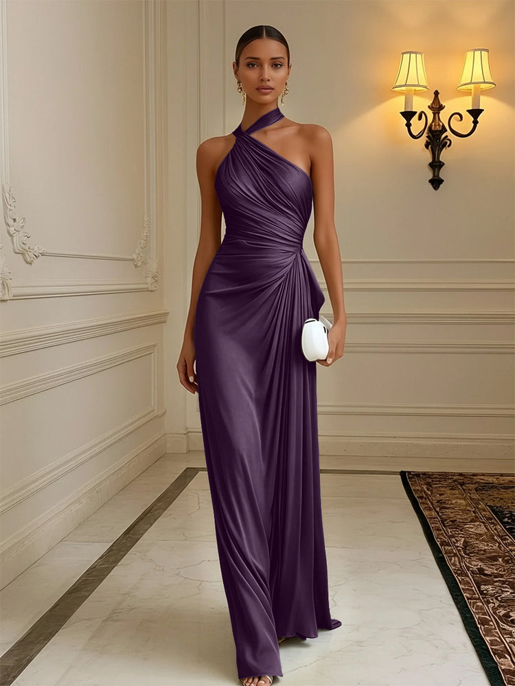Luxury Draped Pleated Cross Halter Satin Evening Gown For Prom & Dinner Parties