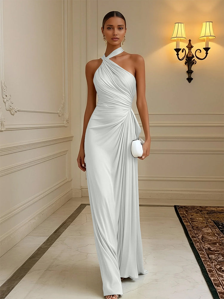 Luxury Draped Pleated Cross Halter Satin Evening Gown For Prom & Dinner Parties