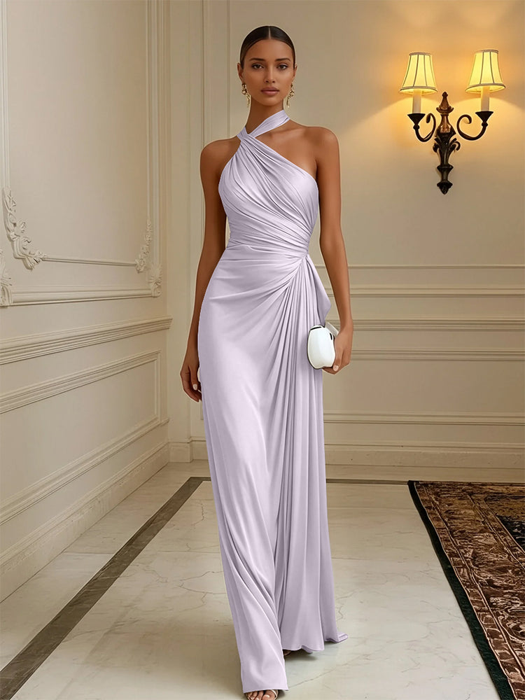Luxury Draped Pleated Cross Halter Satin Evening Gown For Prom & Dinner Parties