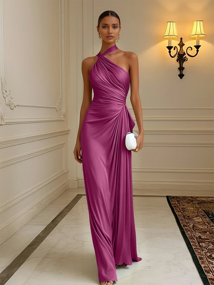 Luxury Draped Pleated Cross Halter Satin Evening Gown For Prom & Dinner Parties