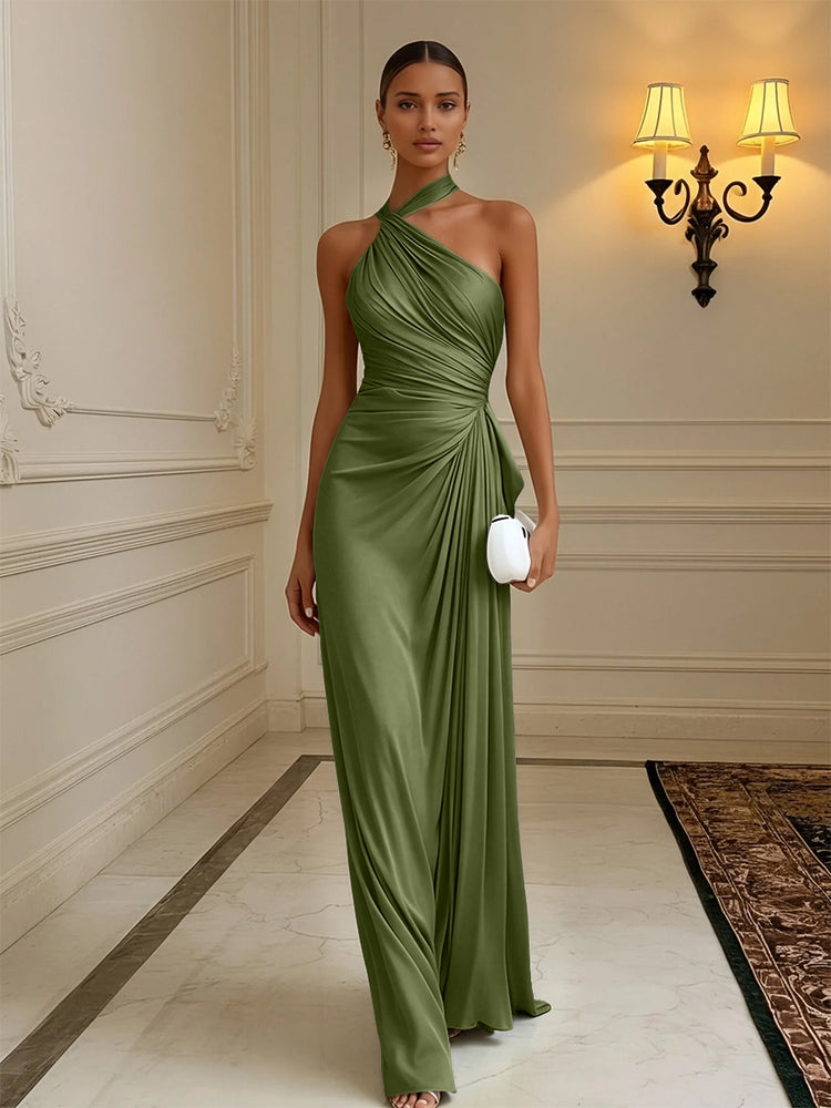 Luxury Draped Pleated Cross Halter Satin Evening Gown For Prom & Dinner Parties