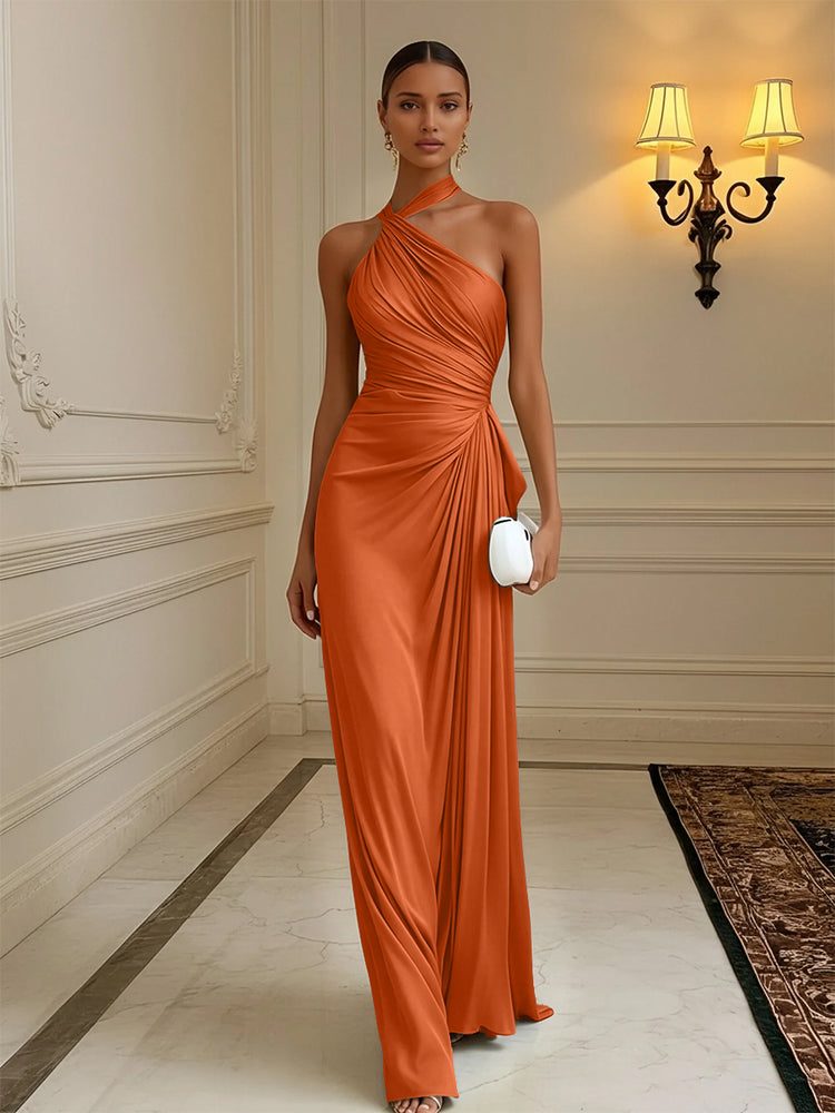 Luxury Draped Pleated Cross Halter Satin Evening Gown For Prom & Dinner Parties