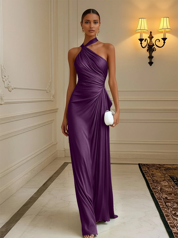 Luxury Draped Pleated Cross Halter Satin Evening Gown For Prom & Dinner Parties