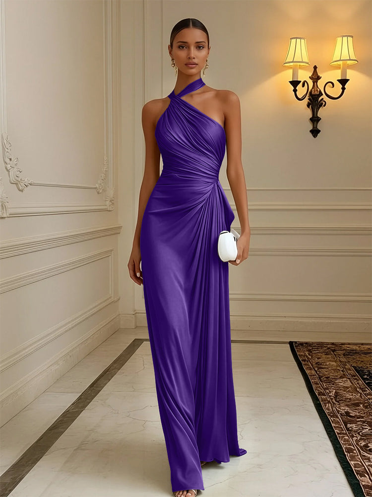 Luxury Draped Pleated Cross Halter Satin Evening Gown For Prom & Dinner Parties