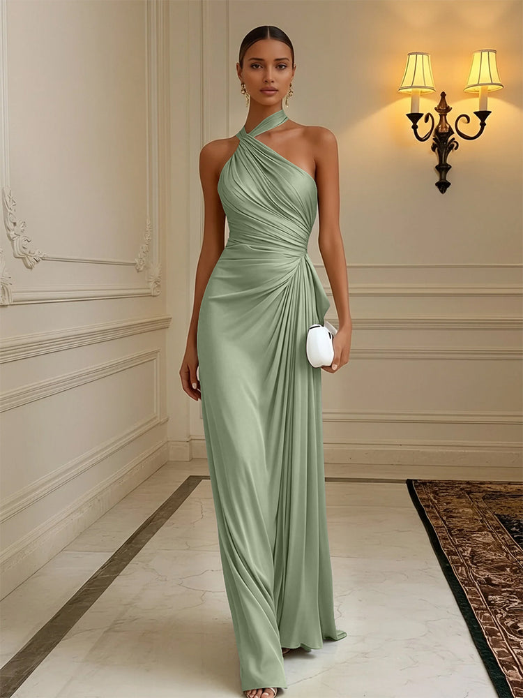 Luxury Draped Pleated Cross Halter Satin Evening Gown For Prom & Dinner Parties