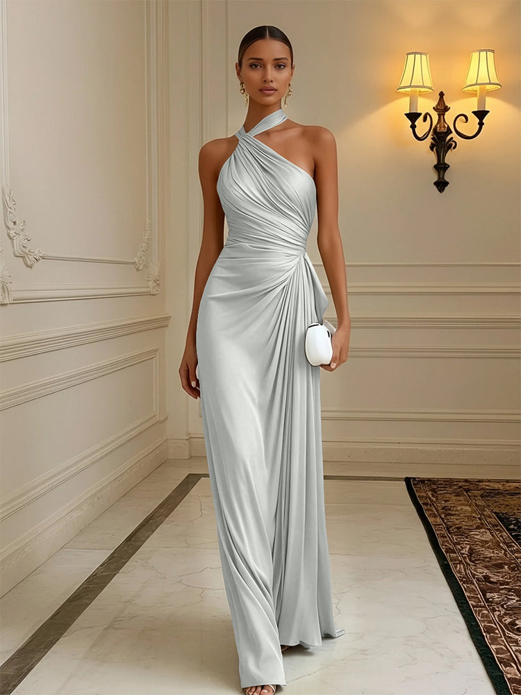 Luxury Draped Pleated Cross Halter Satin Evening Gown For Prom & Dinner Parties