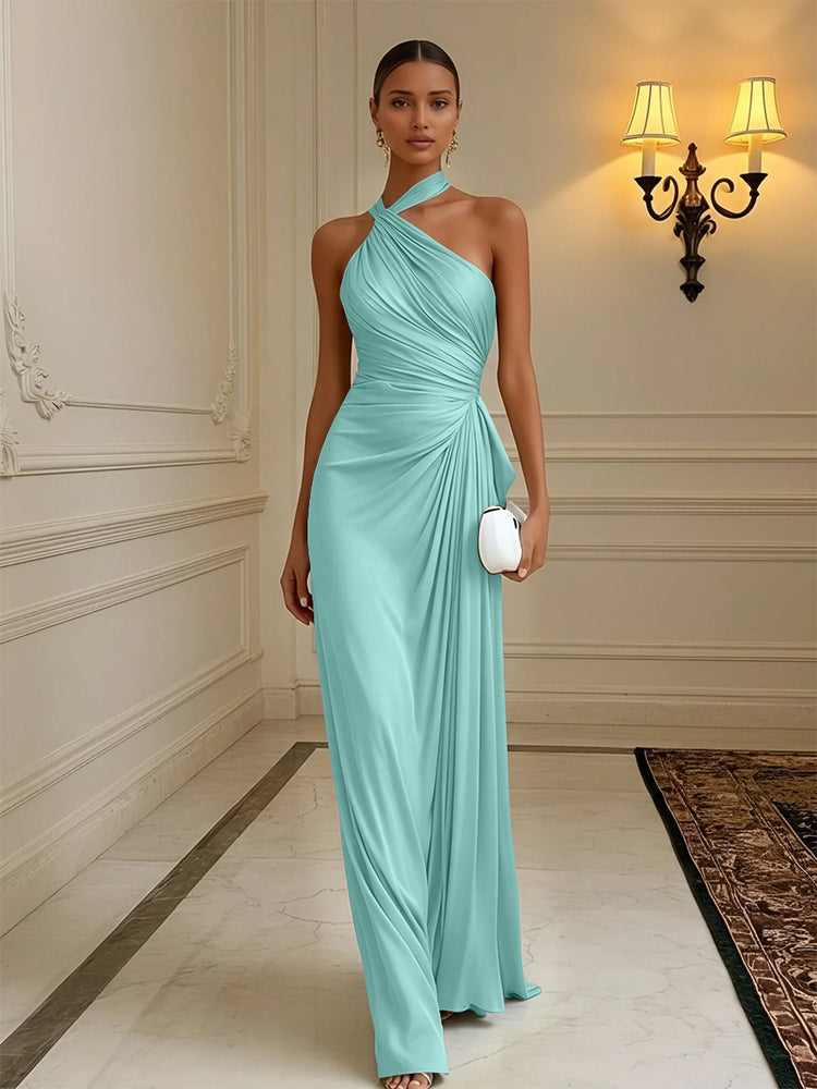 Luxury Draped Pleated Cross Halter Satin Evening Gown For Prom & Dinner Parties