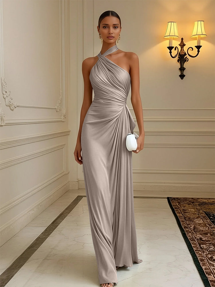 Luxury Draped Pleated Cross Halter Satin Evening Gown For Prom & Dinner Parties