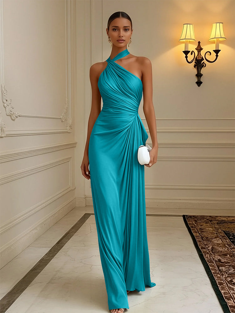 Luxury Draped Pleated Cross Halter Satin Evening Gown For Prom & Dinner Parties