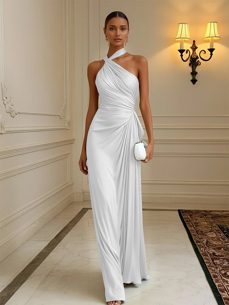 Luxury Draped Pleated Cross Halter Satin Evening Gown For Prom & Dinner Parties