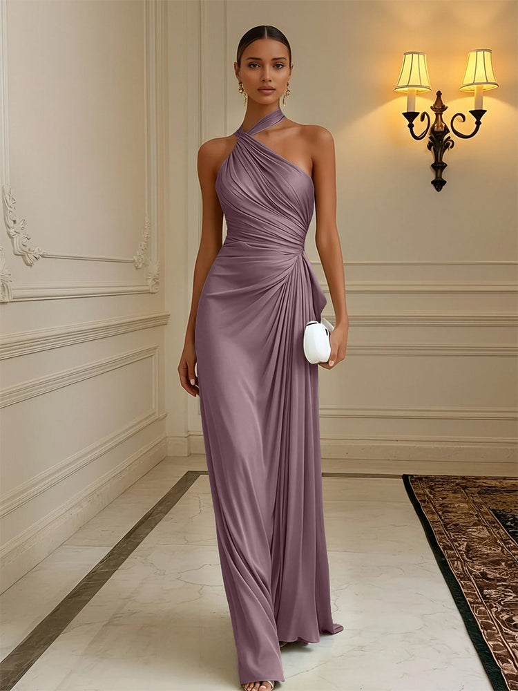 Luxury Draped Pleated Cross Halter Satin Evening Gown For Prom & Dinner Parties