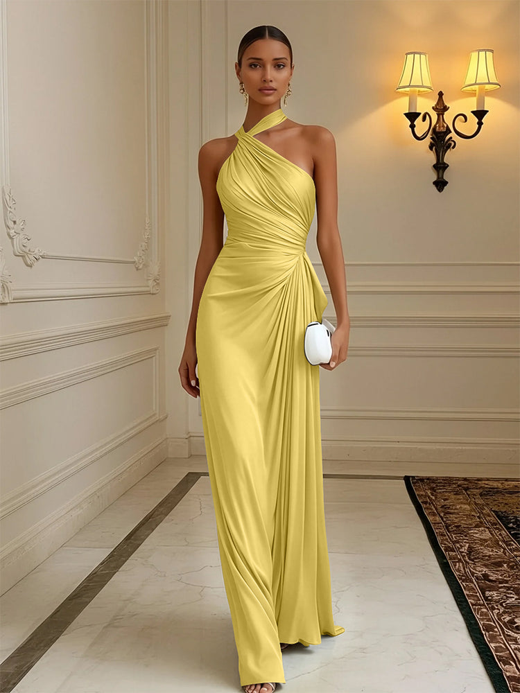 Luxury Draped Pleated Cross Halter Satin Evening Gown For Prom & Dinner Parties