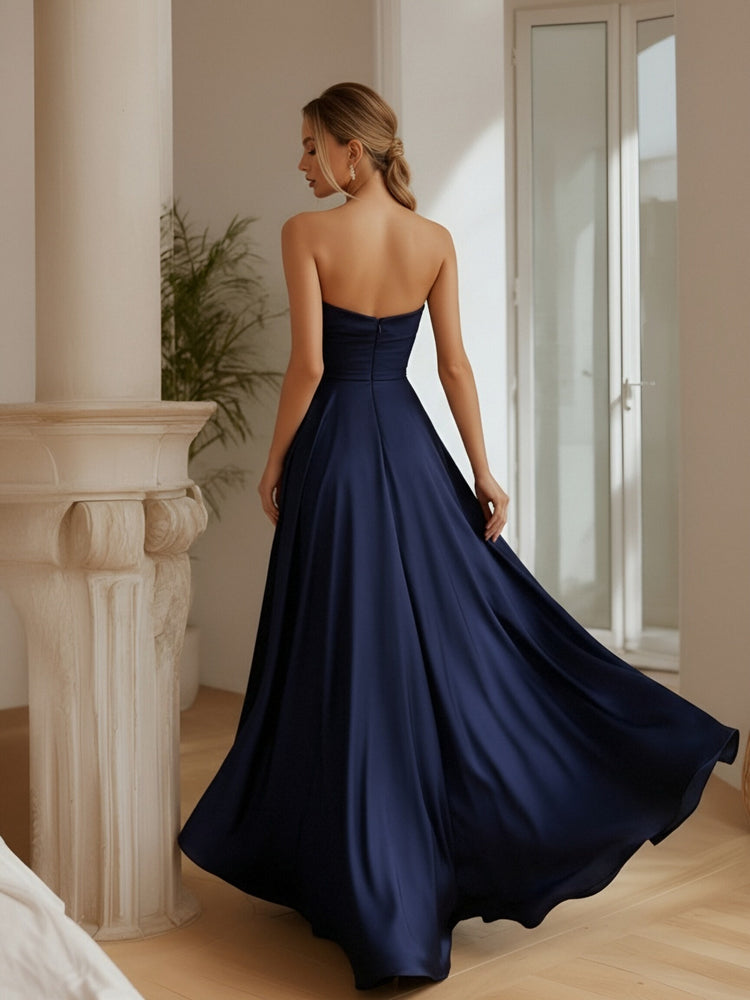 Silk Satin Strapless Corset Evening Dresses with Pleats