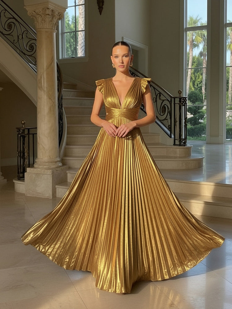 Satin Deep V Neck Evening Dresses with Pleats