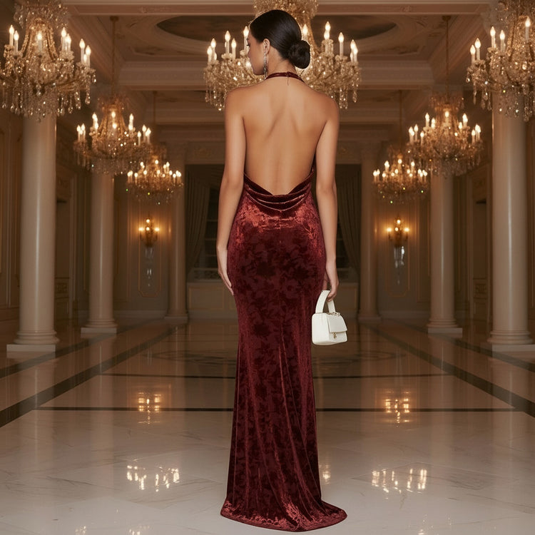 Velvet Floral Halter Ruched Long Evening Dresses