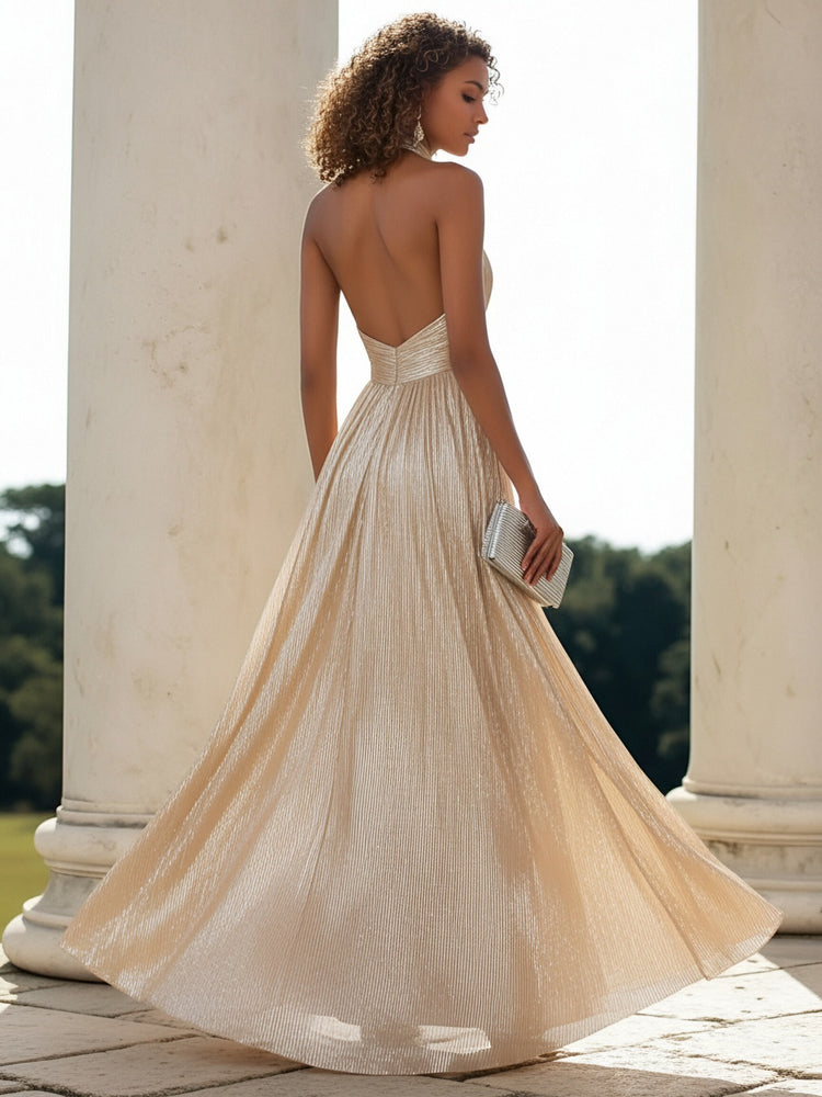 Metallic Satin Halter Evening Dresses with Pleats