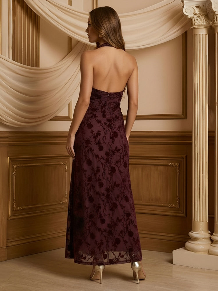 Floral Chiffon Deep V Neck Evening Dresses with Side Slit