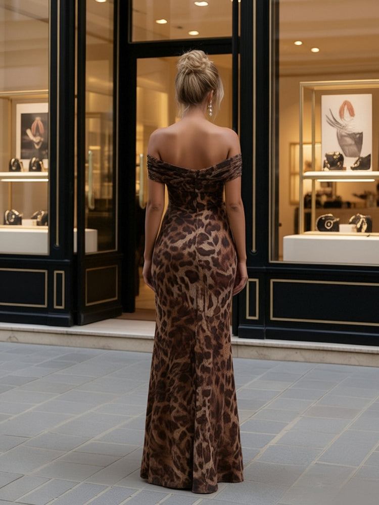 Satin Leopard Off the Shoulder Evening Dresses
